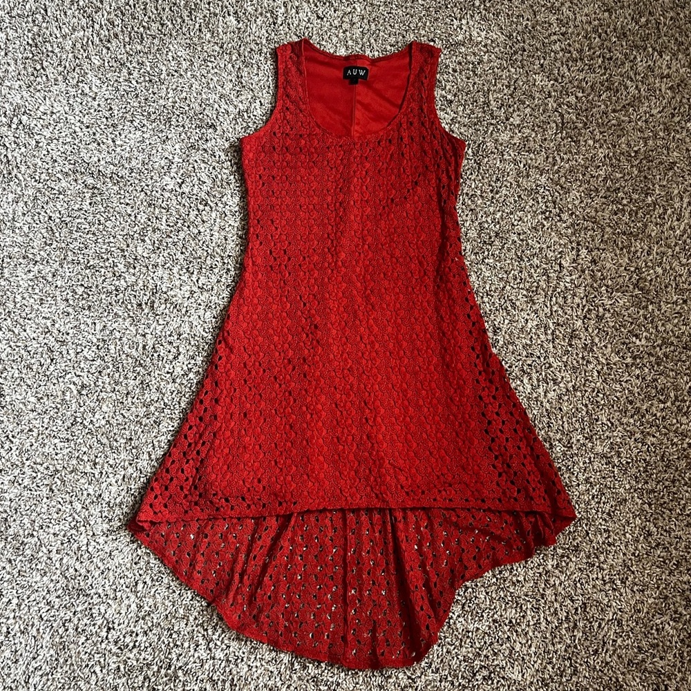 AUW (Shein) Crochet Eyelet Asymmetrical Swing Dress - Red/clay/rust - size Small